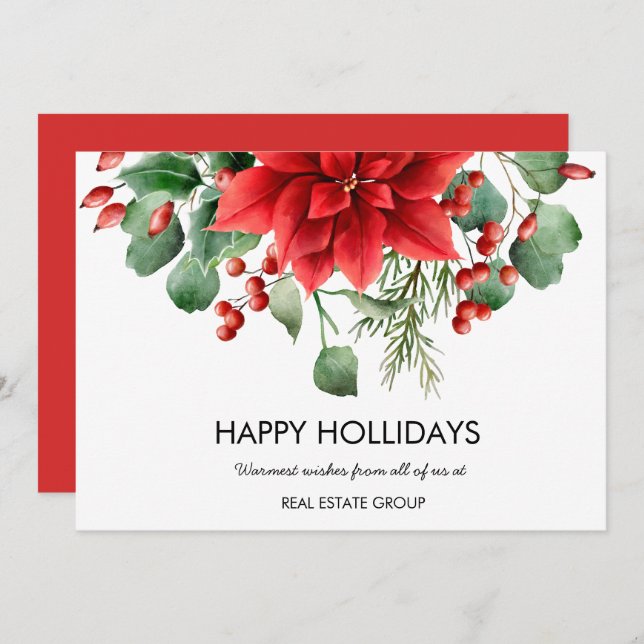 Elegant Floral Christmas Red Flowers Holiday Card (Front/Back)