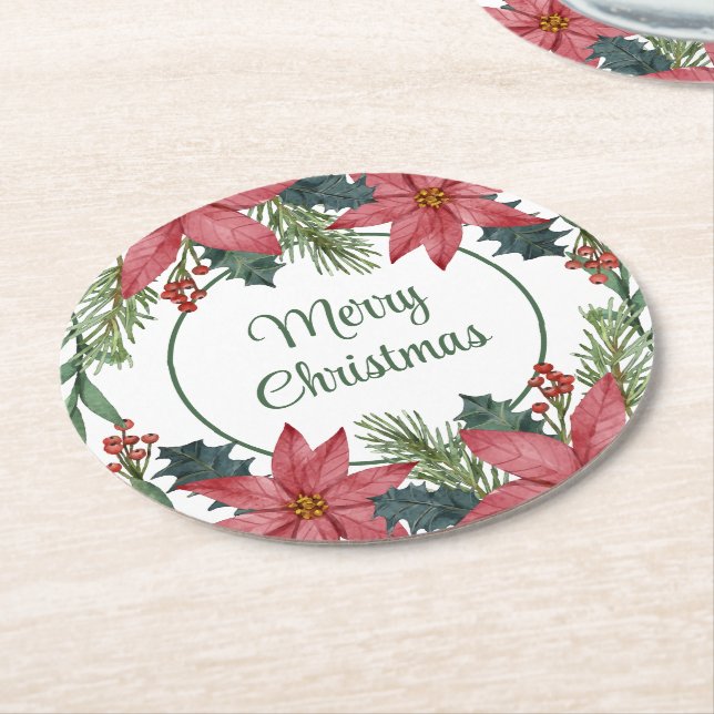 Elegant Floral Christmas Wedding Red Poinsettia  Round Paper Coaster (Angled)