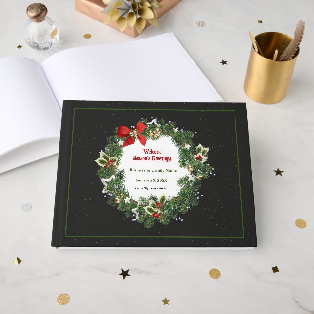 Elegant Floral Christmas Wreath Personalise Guest Book (Front Open)