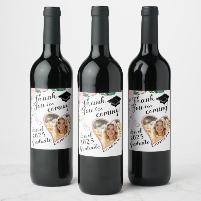 Elegant Floral Class of 2025 Thank You Graduation Wine Label (Bottles)
