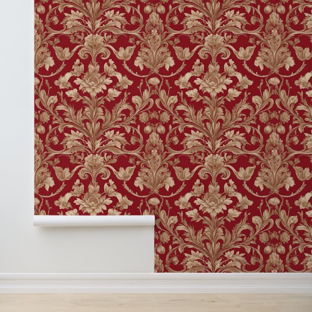Elegant Floral Classic Patterned Botanical Red Wallpaper (Application)
