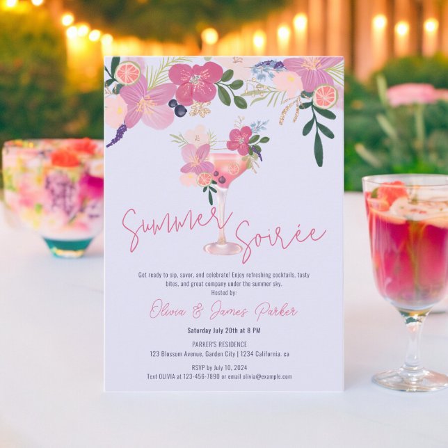 Elegant Floral Cocktail Hand Drawn Summer Soirée Invitation (Elegant Floral Cocktail Hand Drawn Summer Soirée Invitation on lavender)