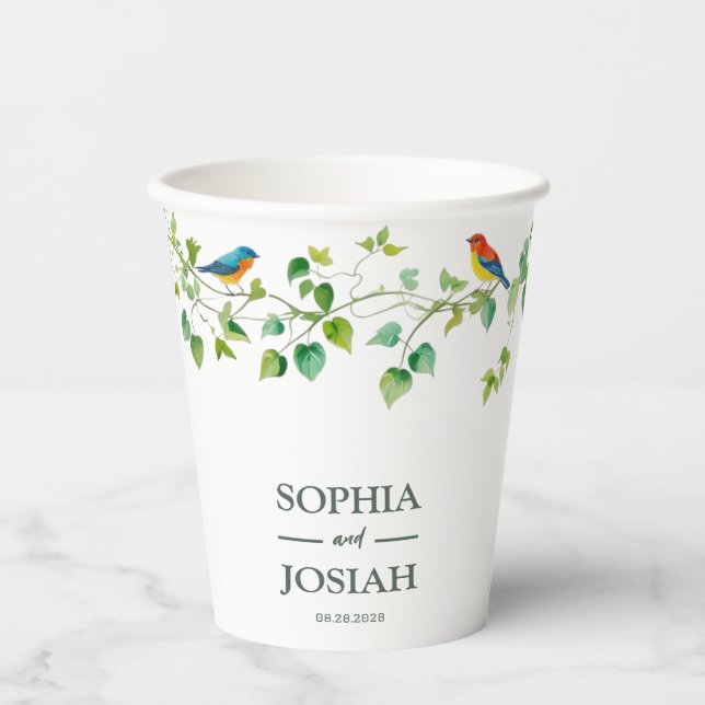 Elegant floral Colourful bird wedding Paper Cups (Front)