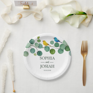 Elegant floral Colourful bird wedding Paper Plate