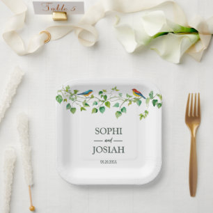 Elegant floral Colourful bird wedding Paper Plate