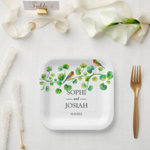 Elegant floral Colourful birds wedding Paper Plate