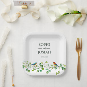 Elegant floral Colourful birds wedding Paper Plate