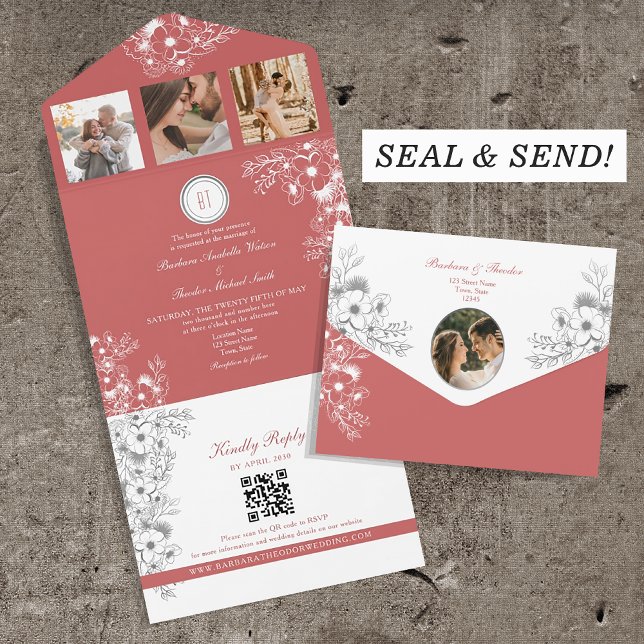 Elegant Floral Coral Wedding  All In One Invitation (Creator Uploaded)
