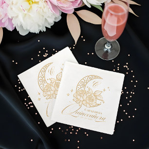 Elegant Floral Crescent Moon Monogram Quinceanera Foil Napkins
