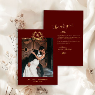 Elegant Floral Crest Burgundy Gold Thank You Card