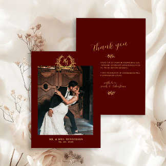 Elegant Floral Crest Burgundy Gold Thank You Card