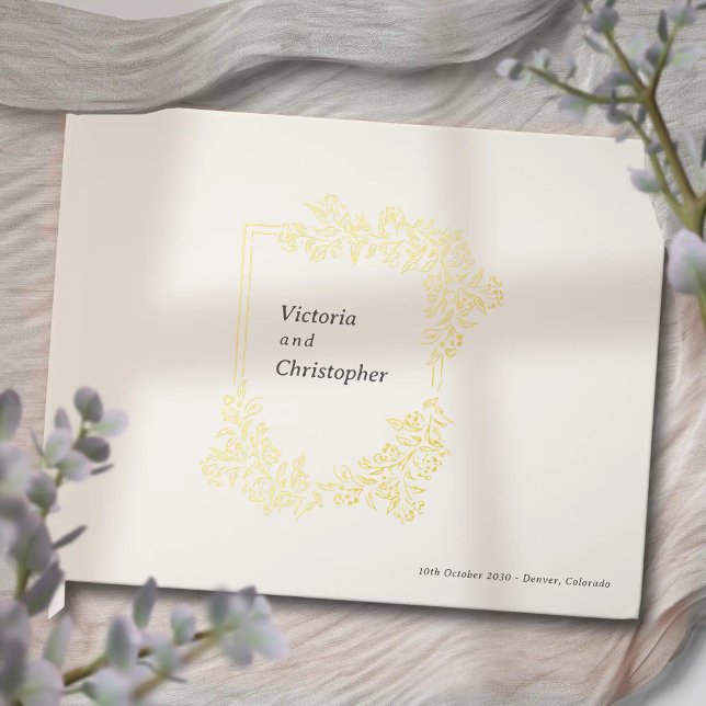 Elegant Floral Crest Classic Botanical Wedding Guest Book (Elegant Romantic Wedding Guest Book with Gold Foil)