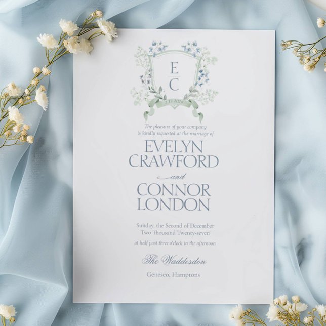 Elegant Floral Crest Dusty Blue Script Wedding Invitation (Creator Uploaded)