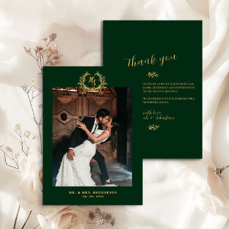 Elegant Floral Crest Emerald Gold Thank You Card