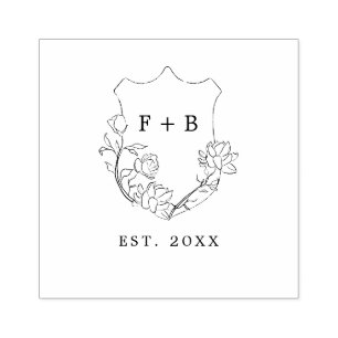 Elegant Floral Crest Established Monogram Wedding Rubber Stamp
