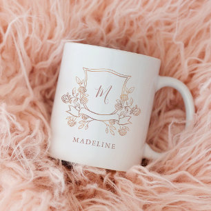Elegant Floral Crest Faux Rose Gold Monogram Coffee Mug