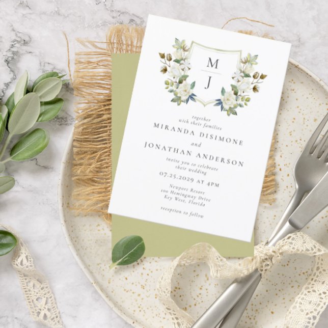 Elegant Floral Crest Green Monogram Wedding Invitation (Creator Uploaded)