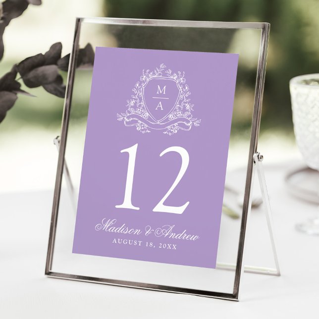 Elegant Floral Crest Lavender Wedding Table Number (Creator Uploaded)