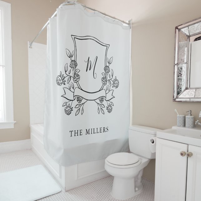 Elegant Floral Crest | Monogram and Name Shower Curtain (In Situ)