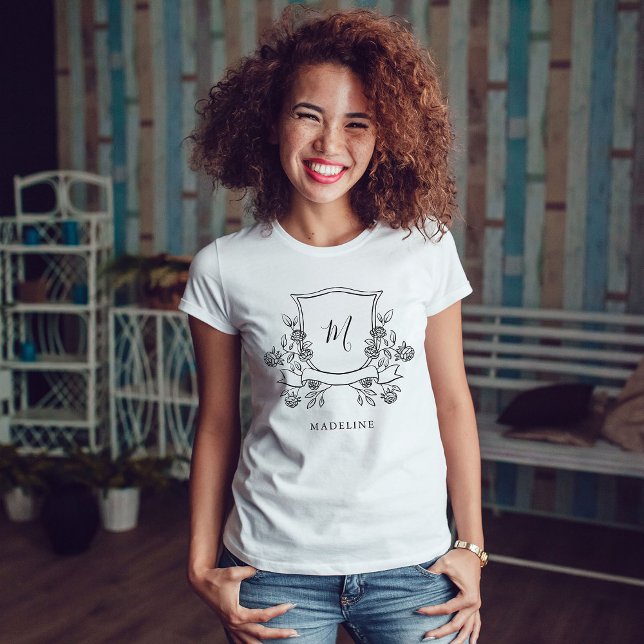 Elegant Floral Crest | Monogram and Name T-Shirt (An elegant floral crest with your monogram decorates this stylish t-shirt)