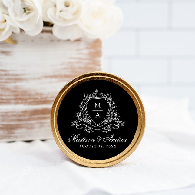 Elegant Floral Crest Monogram Black Wedding Classic Round Sticker (Creator Uploaded)