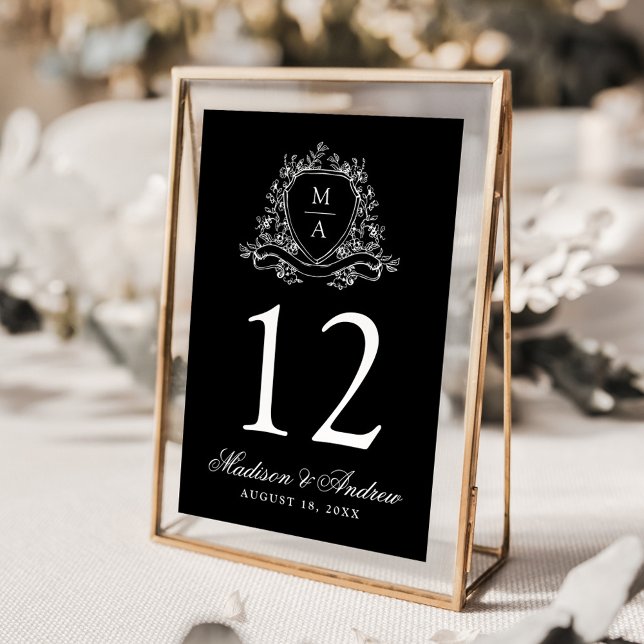 Elegant Floral Crest Monogram Black Wedding Table Number (Creator Uploaded)