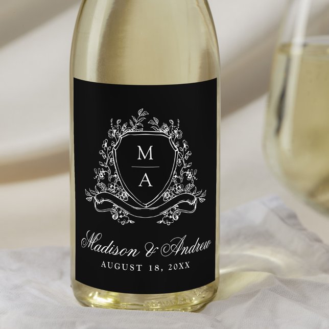 Elegant Floral Crest Monogram Black Wedding Wine Label (Creator Uploaded)
