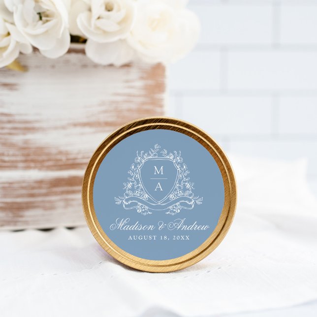 Elegant Floral Crest Monogram Blue Wedding Classic Round Sticker (Creator Uploaded)