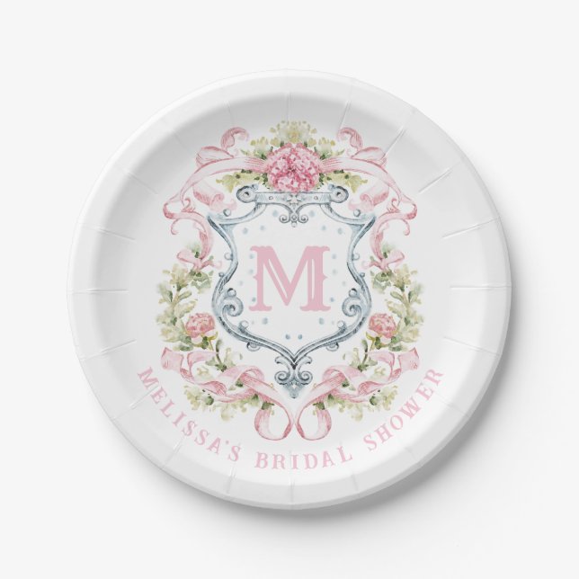 Elegant Floral Crest Monogram | Bridal Shower Paper Plate (Front)
