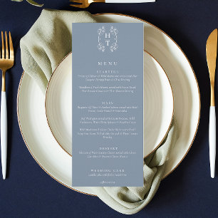 Elegant Floral Crest Monogram Dusty Blue Wedding Menu