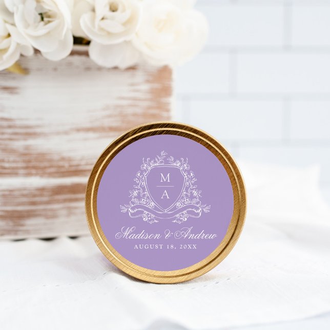 Elegant Floral Crest Monogram Lavender Wedding Classic Round Sticker (Creator Uploaded)