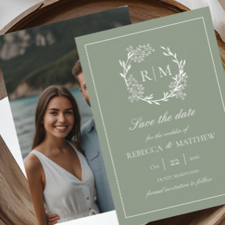 Elegant Floral Crest Monogram Photo Invitation