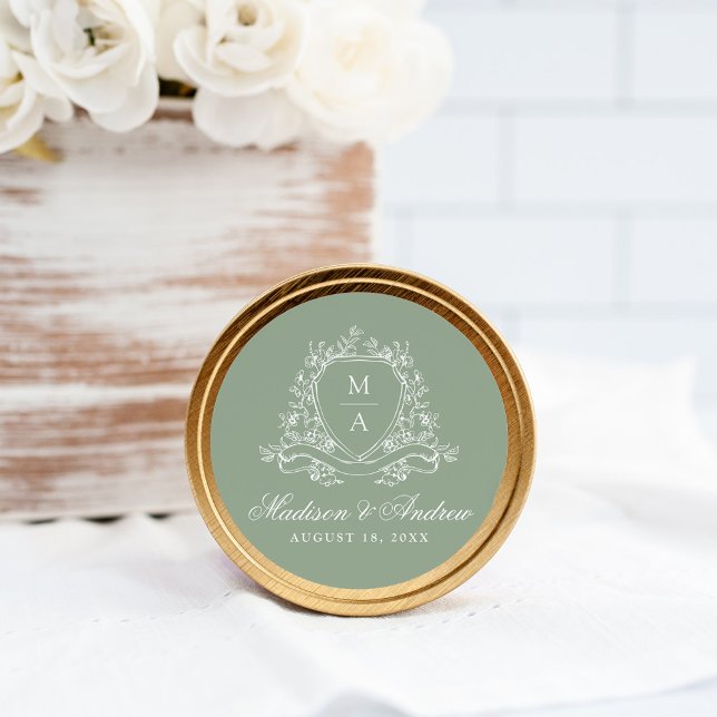 Elegant Floral Crest Monogram Sage Green Wedding Classic Round Sticker (Creator Uploaded)