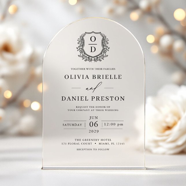 Elegant Floral Crest Monogram Wedding Elegant Acrylic Invitations (Creator Uploaded)