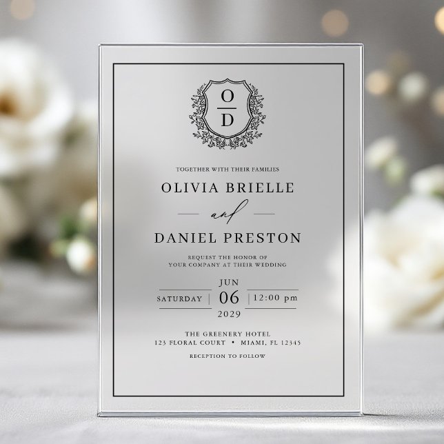 Elegant Floral Crest Monogram Wedding Elegant Acrylic Invitations (Creator Uploaded)