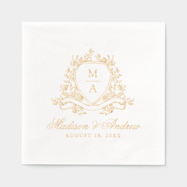 Elegant Floral Crest Monogram Wedding Foil Napkins (Front)