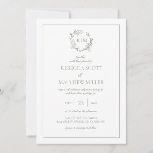 Elegant Floral Crest Monogram Wedding Invitation