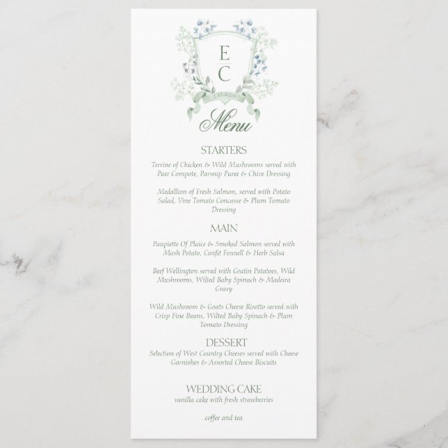 Elegant Floral Crest Monogram Wedding  Menu (Front)