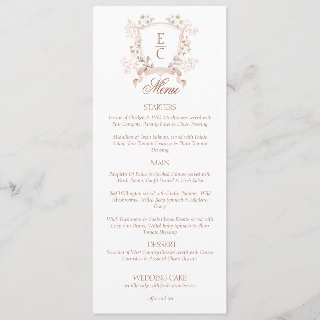 Elegant Floral Crest Monogram Wedding  Menu (Front)