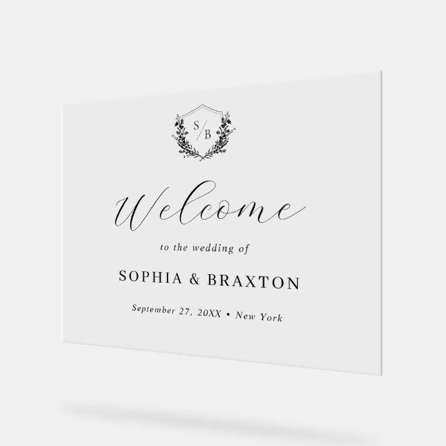 Elegant Floral Crest Monogram Wedding Welcome Sign (Angle)