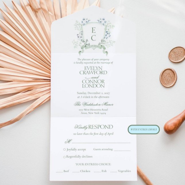 Elegant Floral Crest RSVP Entree Choice Wedding All In One Invitation (Creator Uploaded)