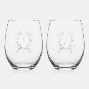 Elegant Floral Crest Wedding Drinkware Set Stemless Wine Glass