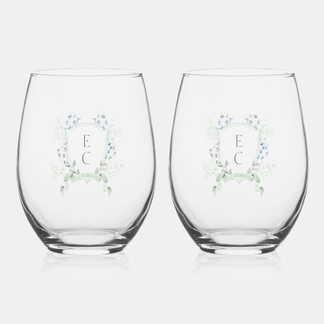 Elegant Floral Crest Wedding Drinkware Set Stemless Wine Glass (Front)