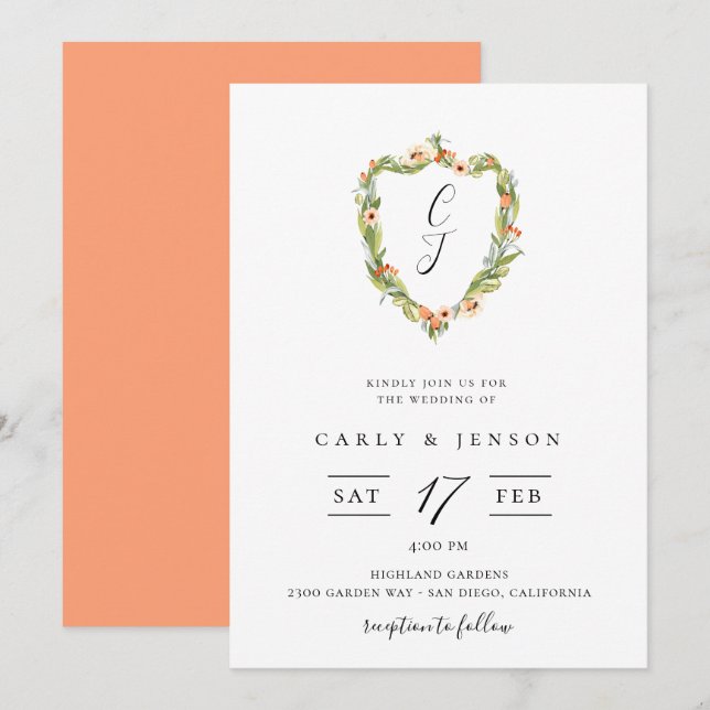 Elegant Floral Crest Wedding Invitation (Front/Back)