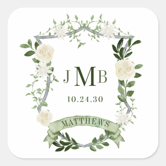 Elegant Floral Crest Wedding Square Sticker (Front)