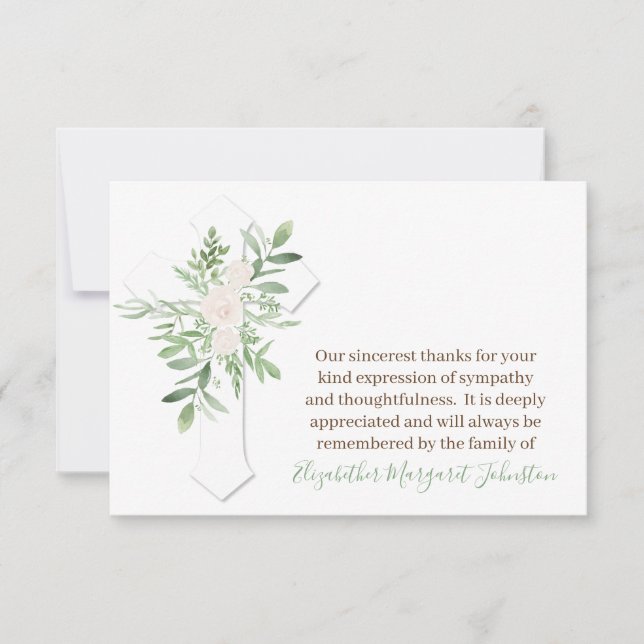 Elegant Floral + CrosFuneral Thank You Bereavement Card (Front)