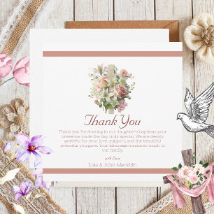 Elegant Floral Cross Baptism Thank You Card