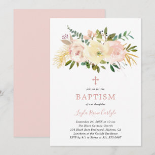 Elegant Floral Cross Blush Pink Baby Girl Baptism Invitation