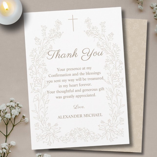 Elegant Floral Cross Confirmation Thank You Card (Creator Uploaded)