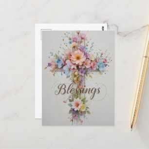 Elegant Floral Cross Easter Blessings  Postcard